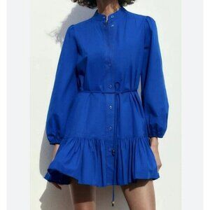 Zara Womens Blue Cotton Long Sleeve Ruffle Hem Tie Waist Shirt Dress Size Large